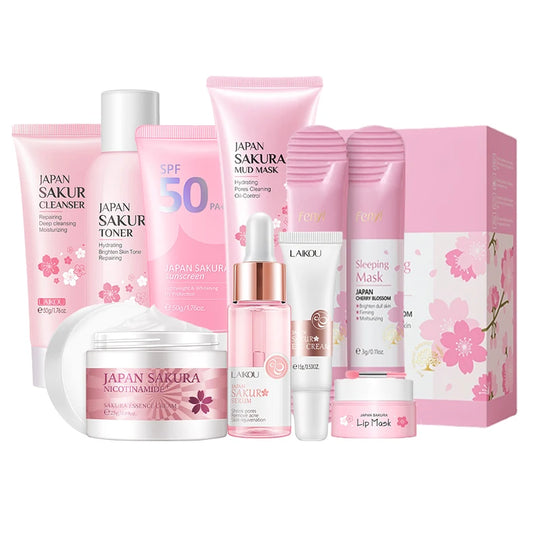 9-Piece Sakura Korean Skincare Gift Set - Cleanser Toner Serum Eye Cream Mask Sunscreen Lip Mask