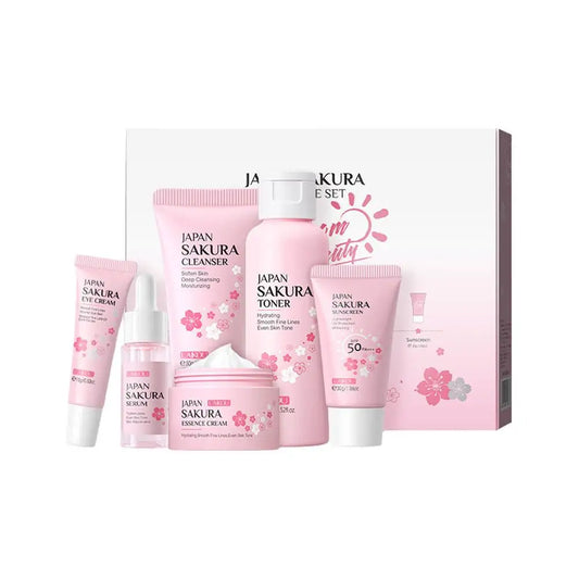 6-Piece Sakura Skincare Gift Set - Cleanser Toner Serum Eye Cream Moisturizer Sunscreen