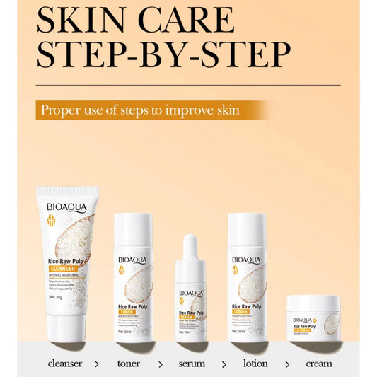 5-Piece Rice Extract Brightening Skincare Set - Cleanser Toner Serum Lotion Cream