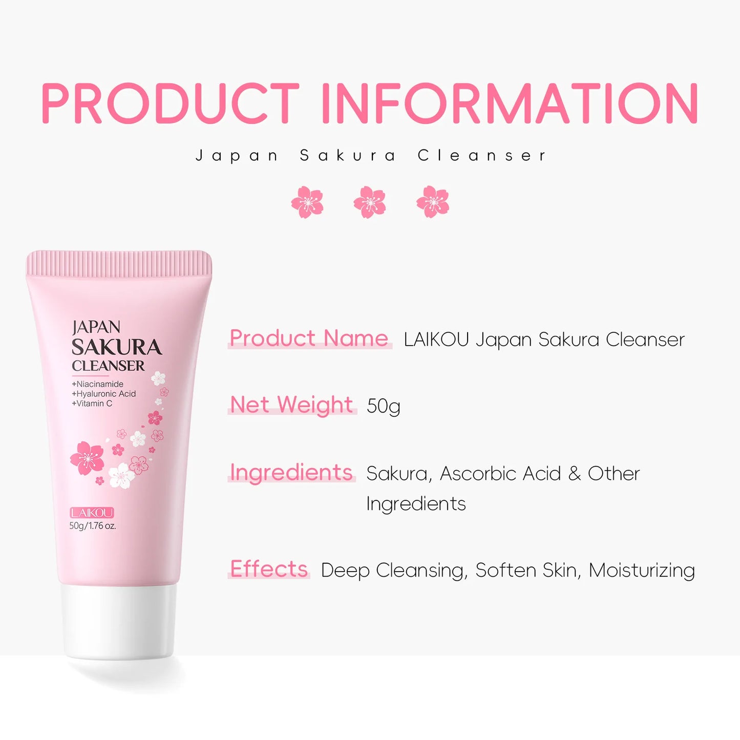 Sakura Facial Cleanser - Deep Cleansing Pore Control Brightening Face Wash for All Skin Types 50g