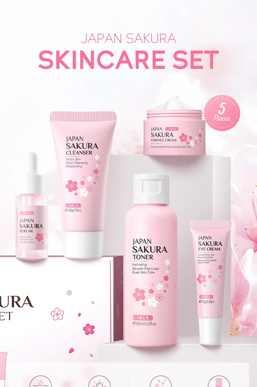 Sakura 5-Piece Korean Skincare Gift Set - Cleanser Toner Serum Face Cream Eye Cream Niacinamide