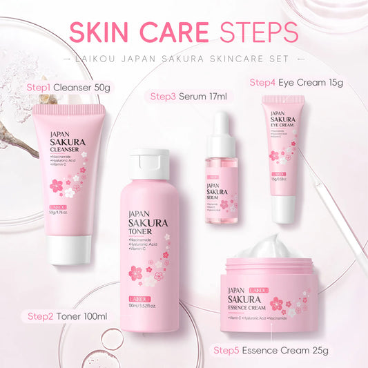 Sakura 5-Piece Korean Skincare Gift Set - Cleanser Toner Serum Face Cream Eye Cream Niacinamide