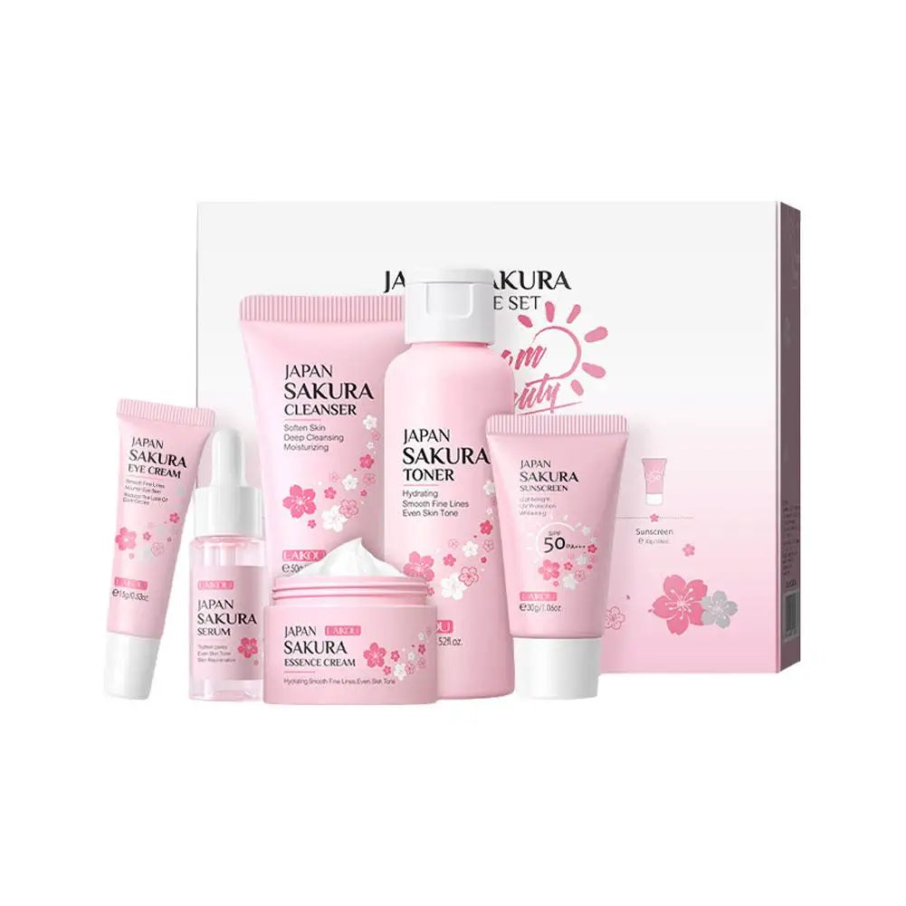 6-Piece Sakura Skincare Gift Set - Cleanser Toner Serum Eye Cream Moisturizer Sunscreen