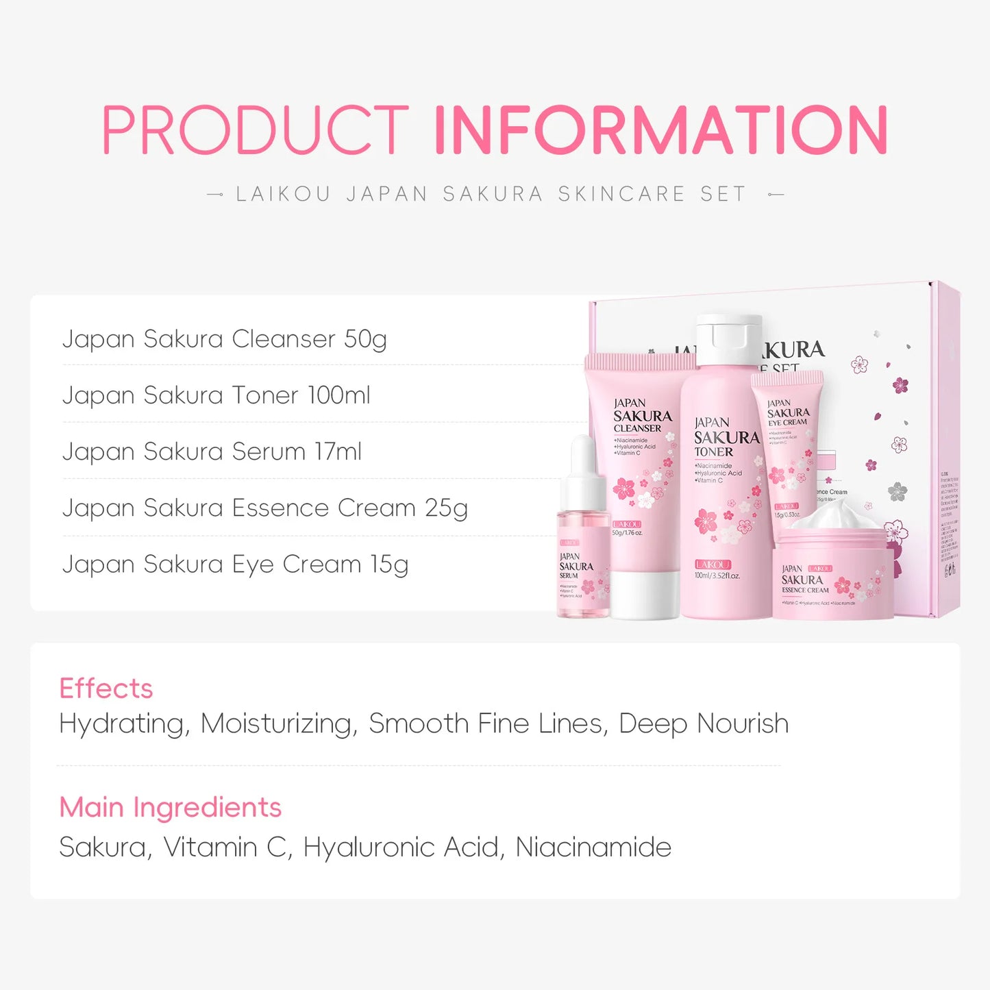 Sakura 5-Piece Korean Skincare Gift Set - Cleanser Toner Serum Face Cream Eye Cream Niacinamide