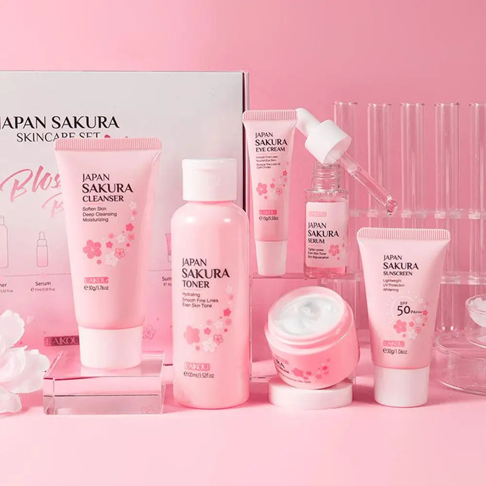 6-Piece Sakura Skincare Gift Set - Cleanser Toner Serum Eye Cream Moisturizer Sunscreen